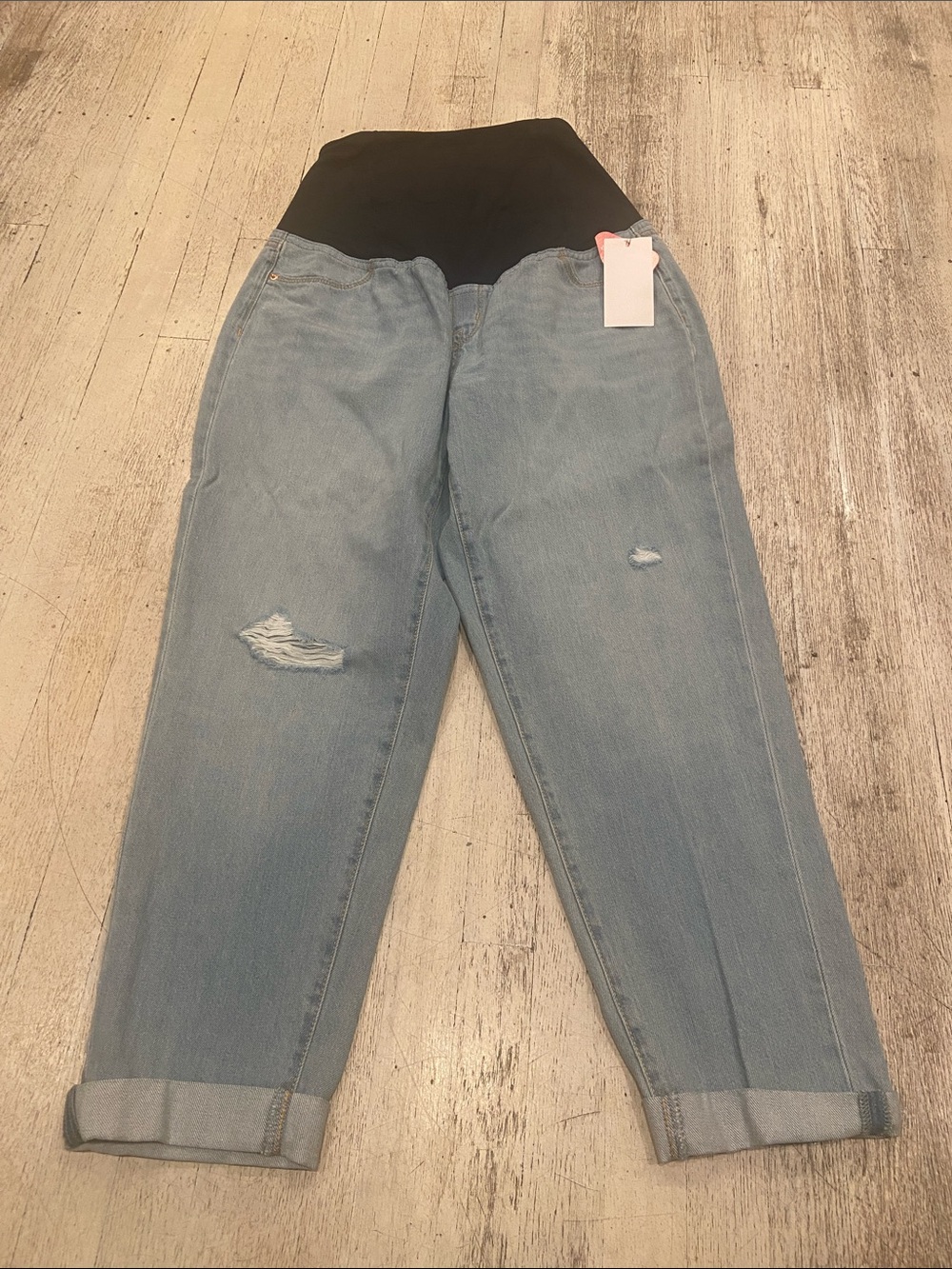 Light Blue Boyfriend Maternity Jeans with Black Stretch Waistband size 8 NWT